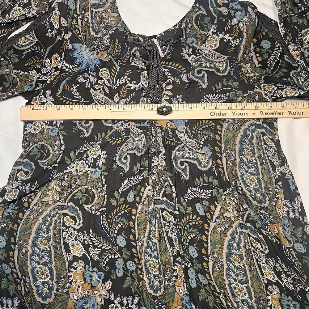 Free People Rain or Shine Tunic Dress Size M Floral Paisley Lace Up Crochet Mini